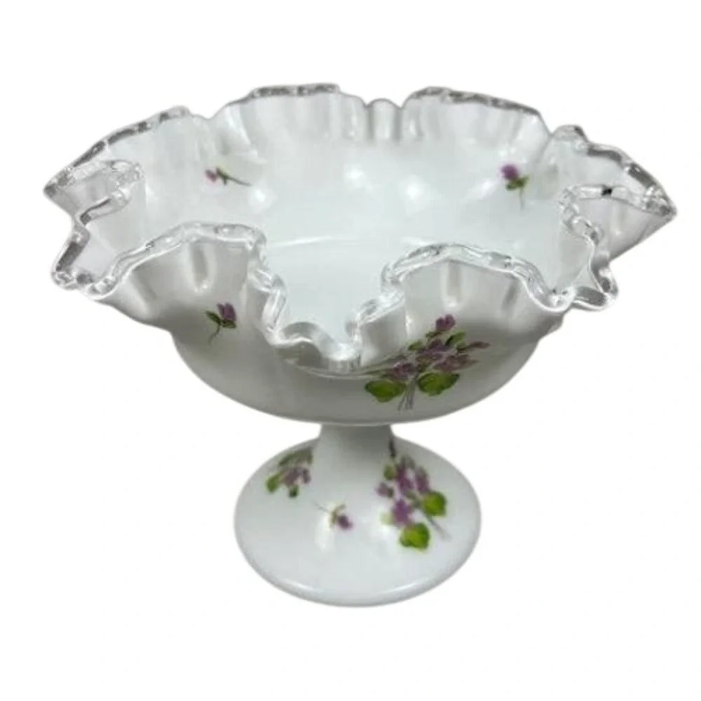 Fenton Milk Glass Violets in the Snow Ruffled Silver Crest Pedestal Compote Bowl